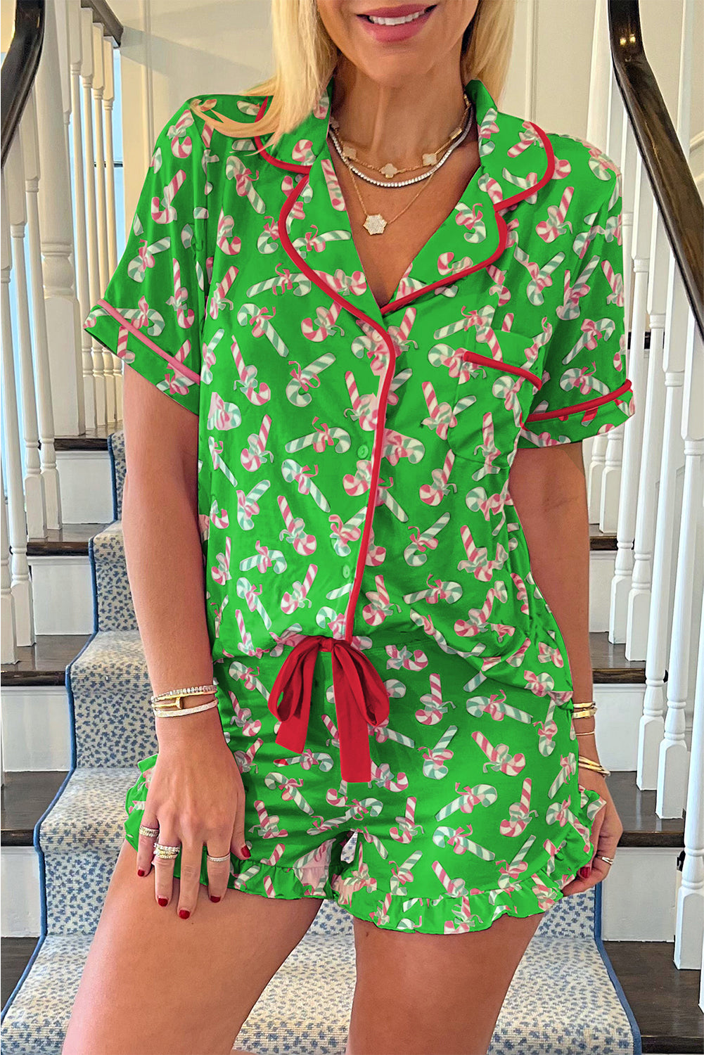 Red Christmas Candy Cane Print Pajama Set