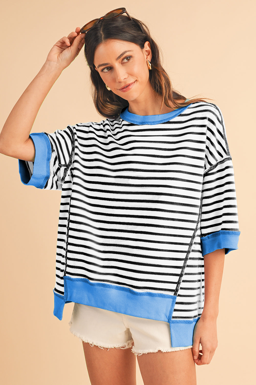 Pink Stripe Colorblock Drop Sleeve Oversized T Shirt