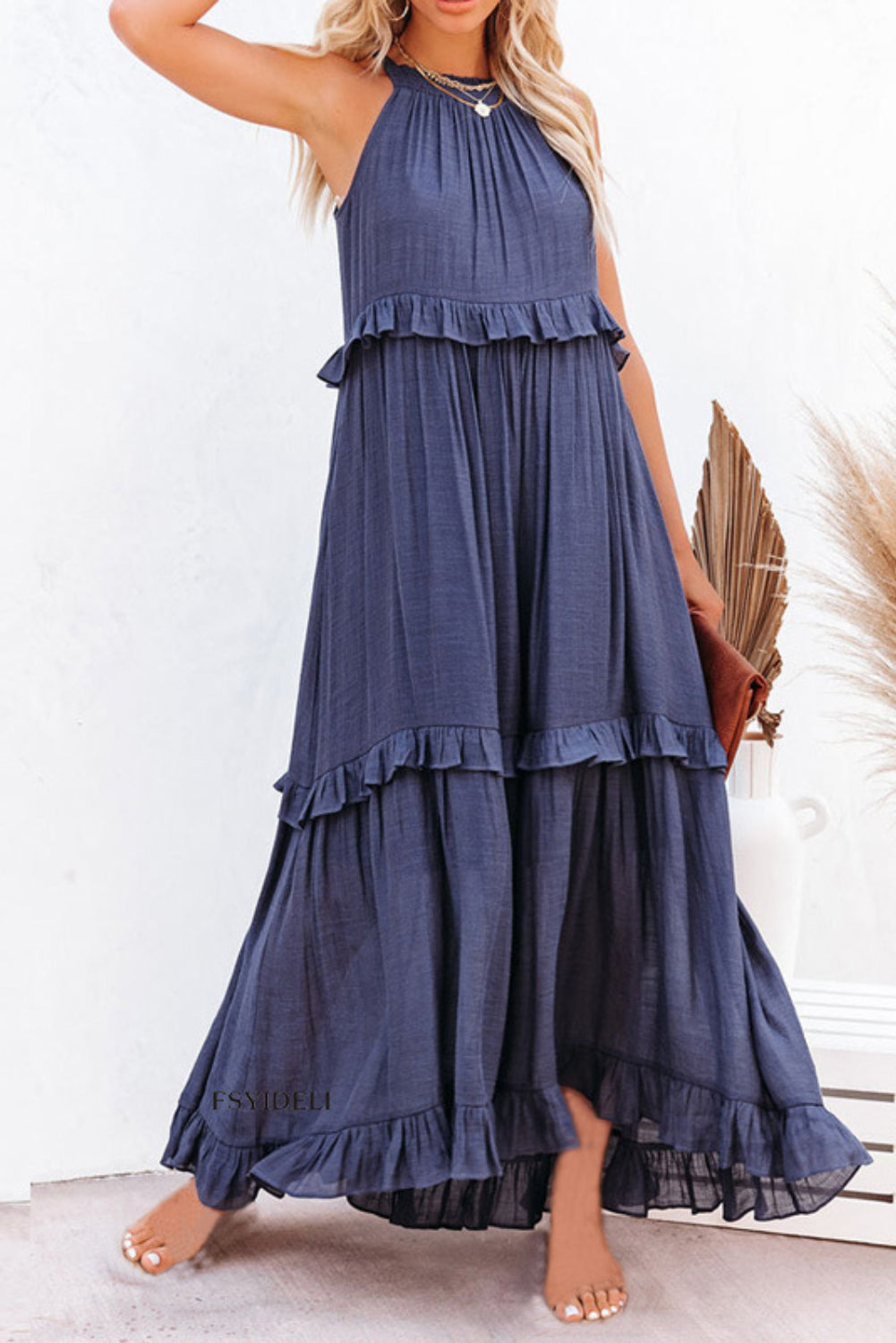 Orchid Petal Ruffle Hem Pleated Flowy Maxi Dress