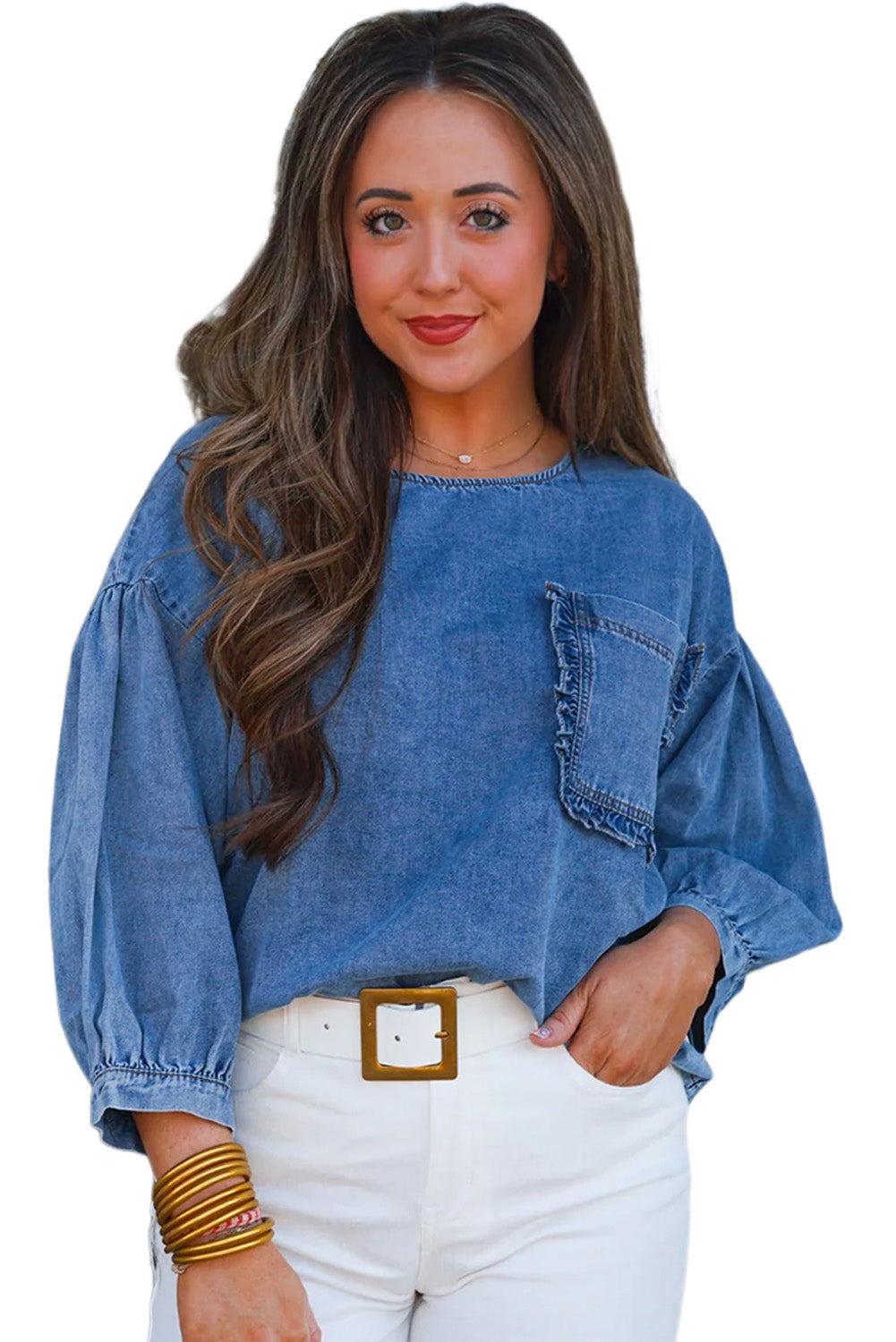 Sky Blue Frill Trim Puff Sleeve Pocket Denim Top - Pre Order Only will be available on 6/26/2024