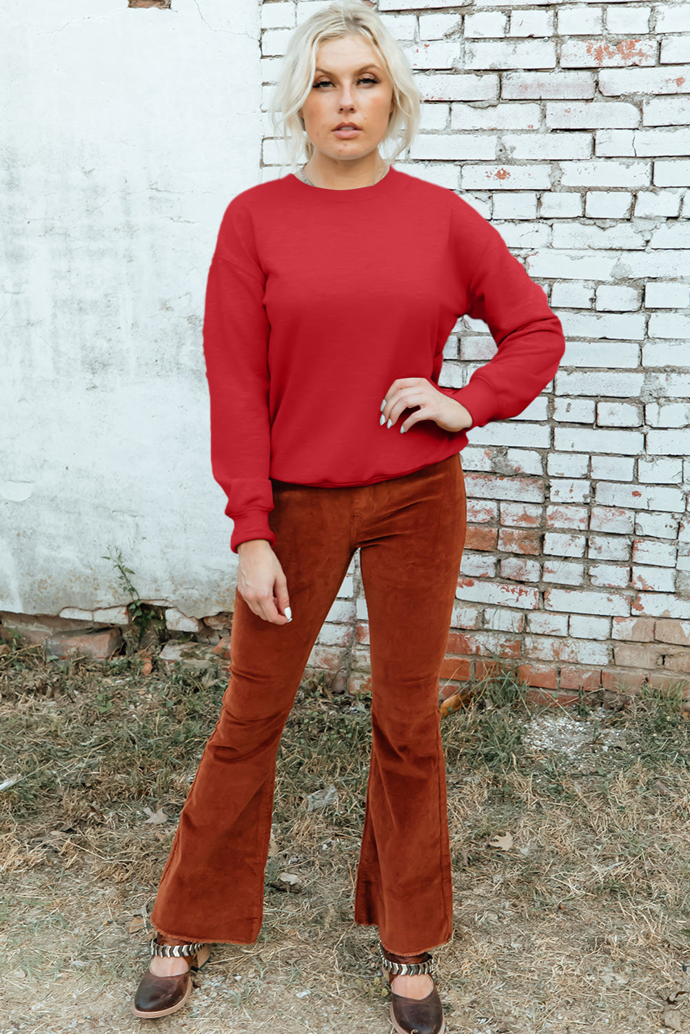 Red Solid Color Classic Crewneck Pullover Sweatshirt