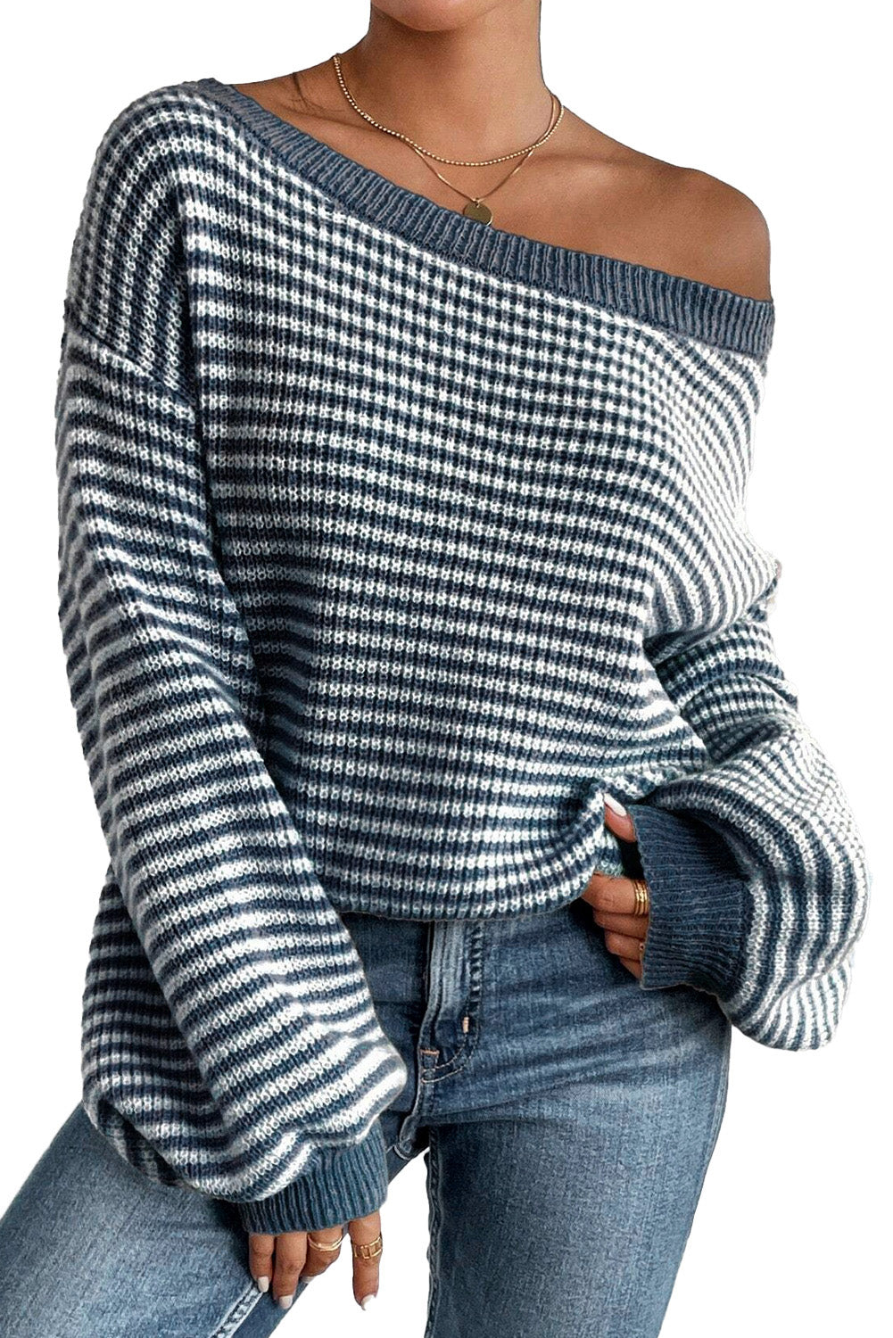 Sail Blue Striped Drop Shoulder Lantern Sleeve Sweater