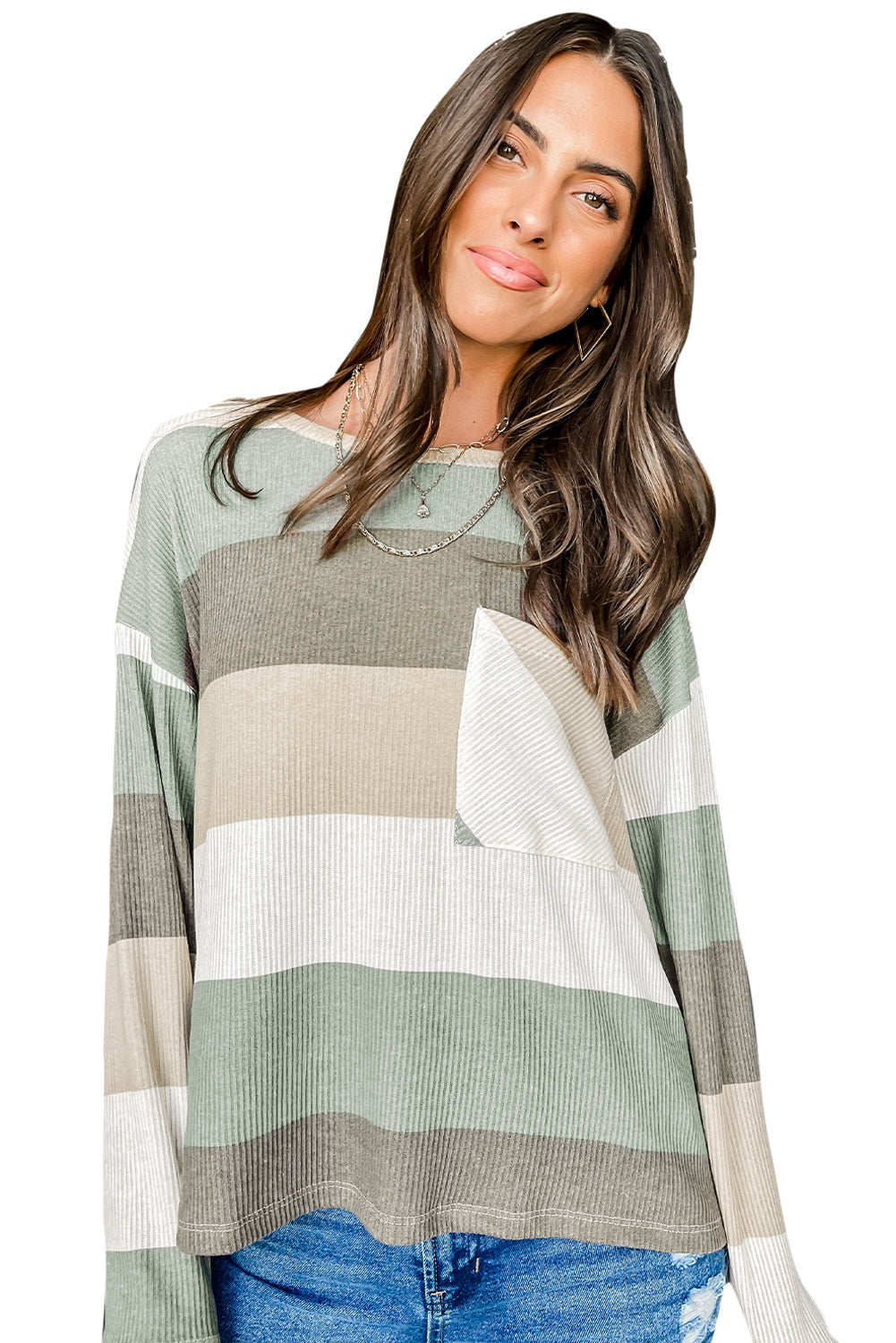 Green Color Block Casual Pocket Long Sleeve Top