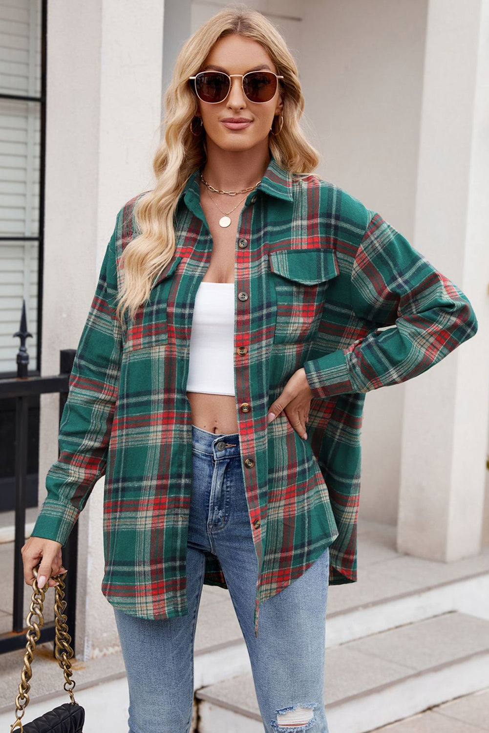 Red Plaid Chest Pocket Button Front Shirt