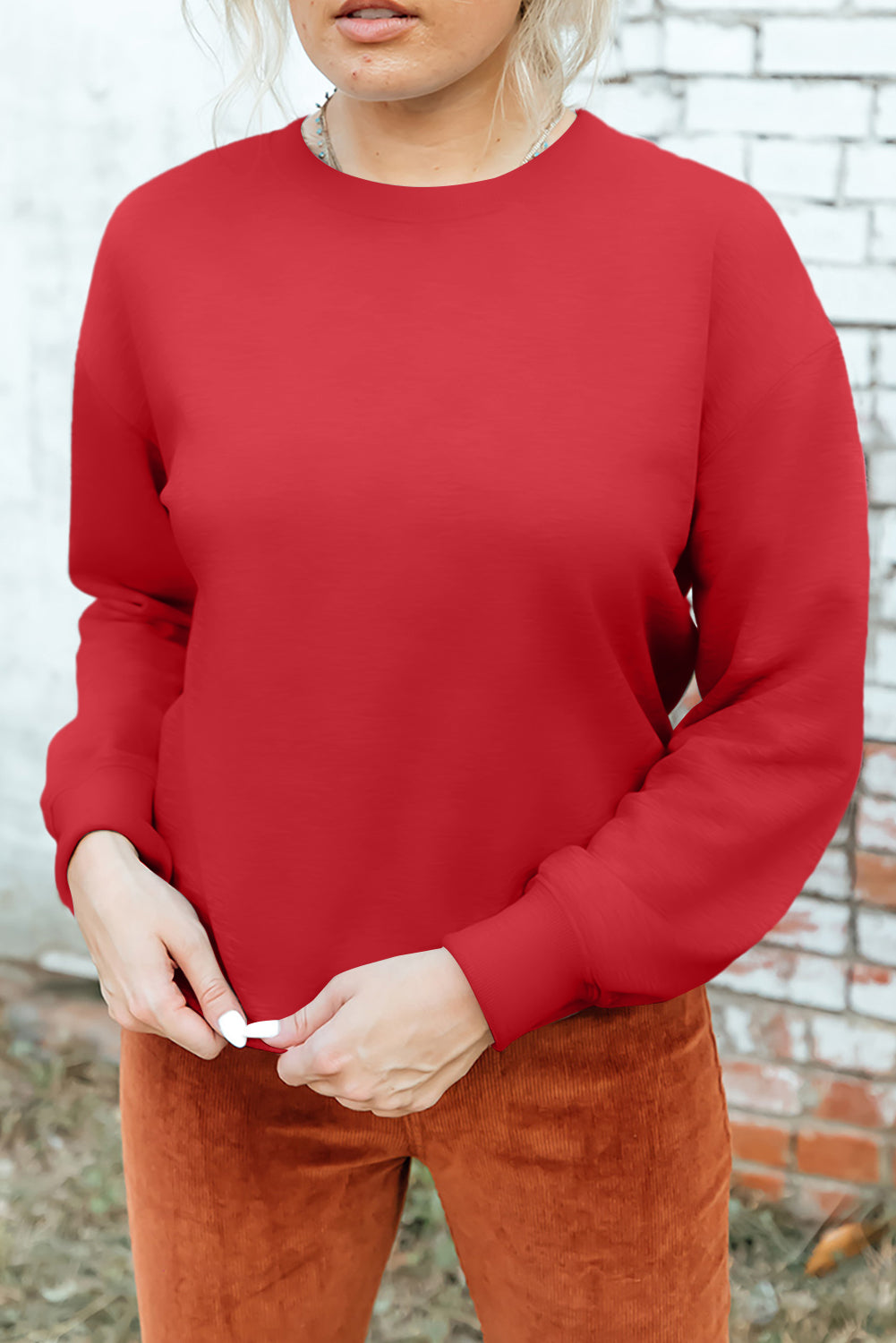 Red Solid Color Classic Crewneck Pullover Sweatshirt