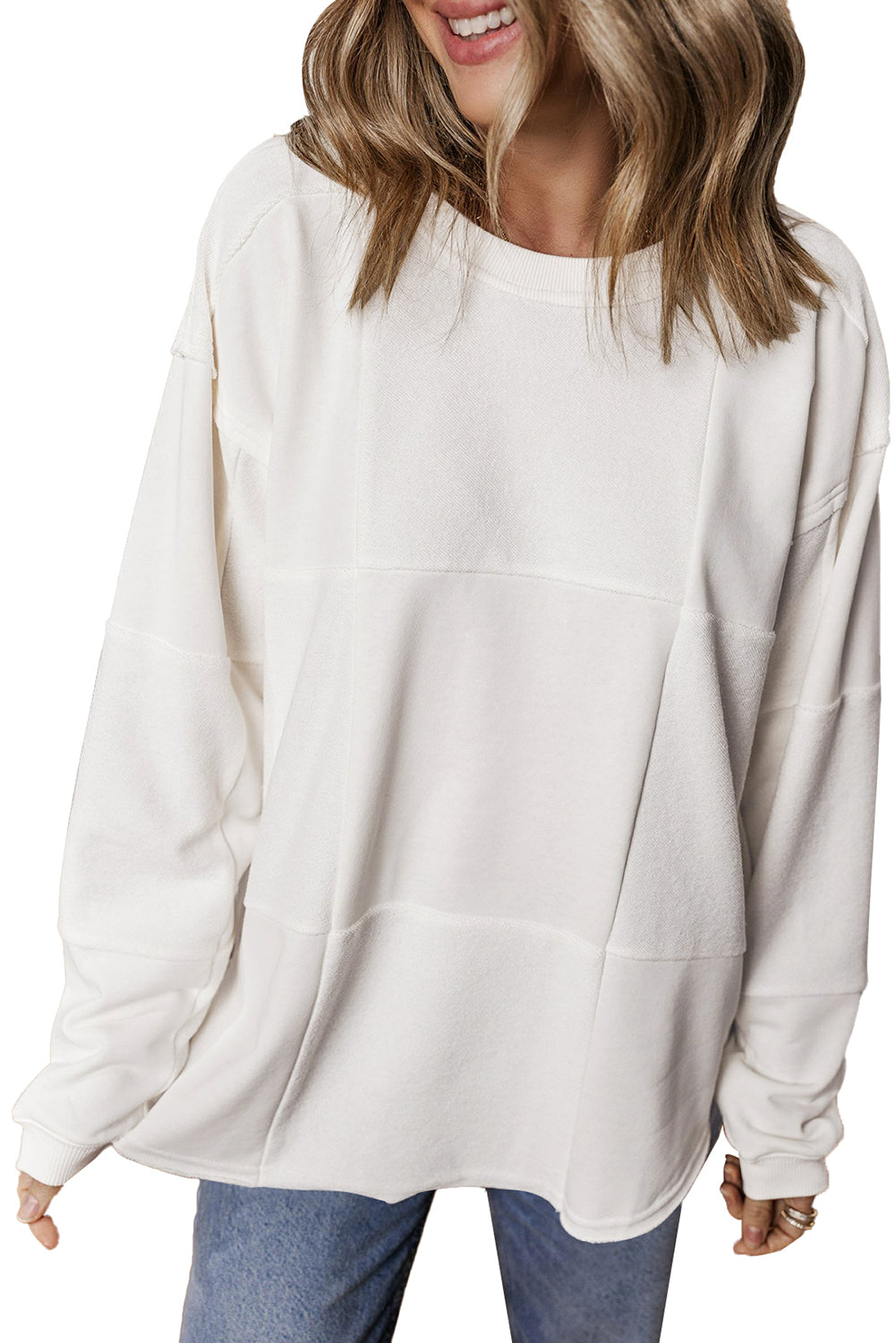 White Solid Color Drop Shoulder Baggy Sweatshirt