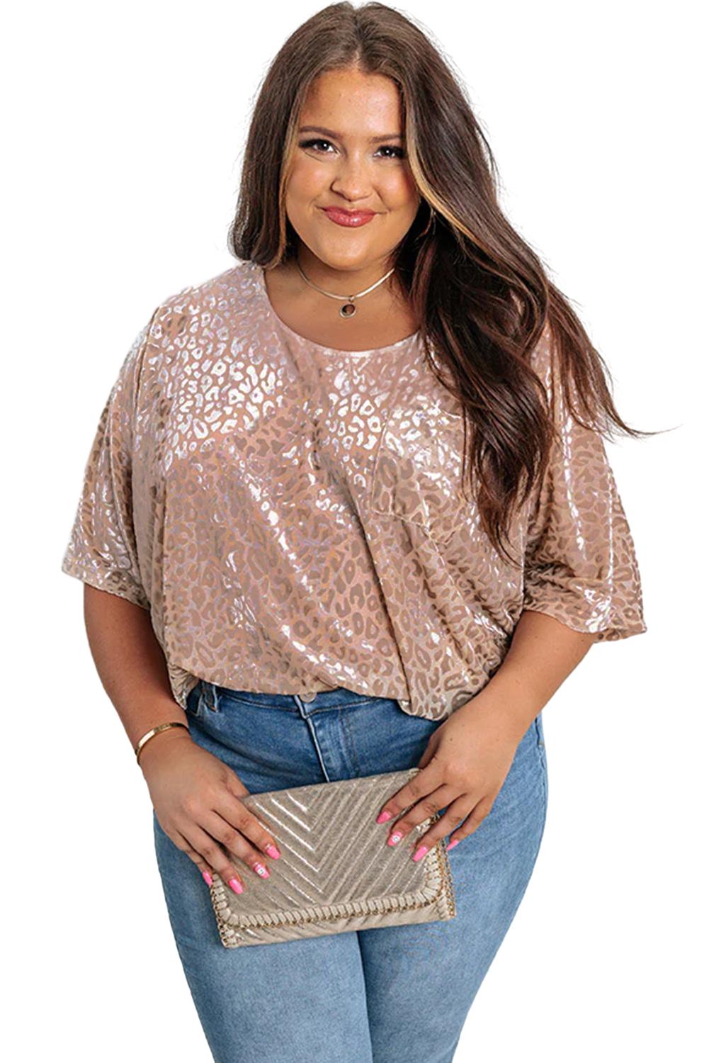 Khaki Leopard Print Plus Size Half Sleeve T Shirt