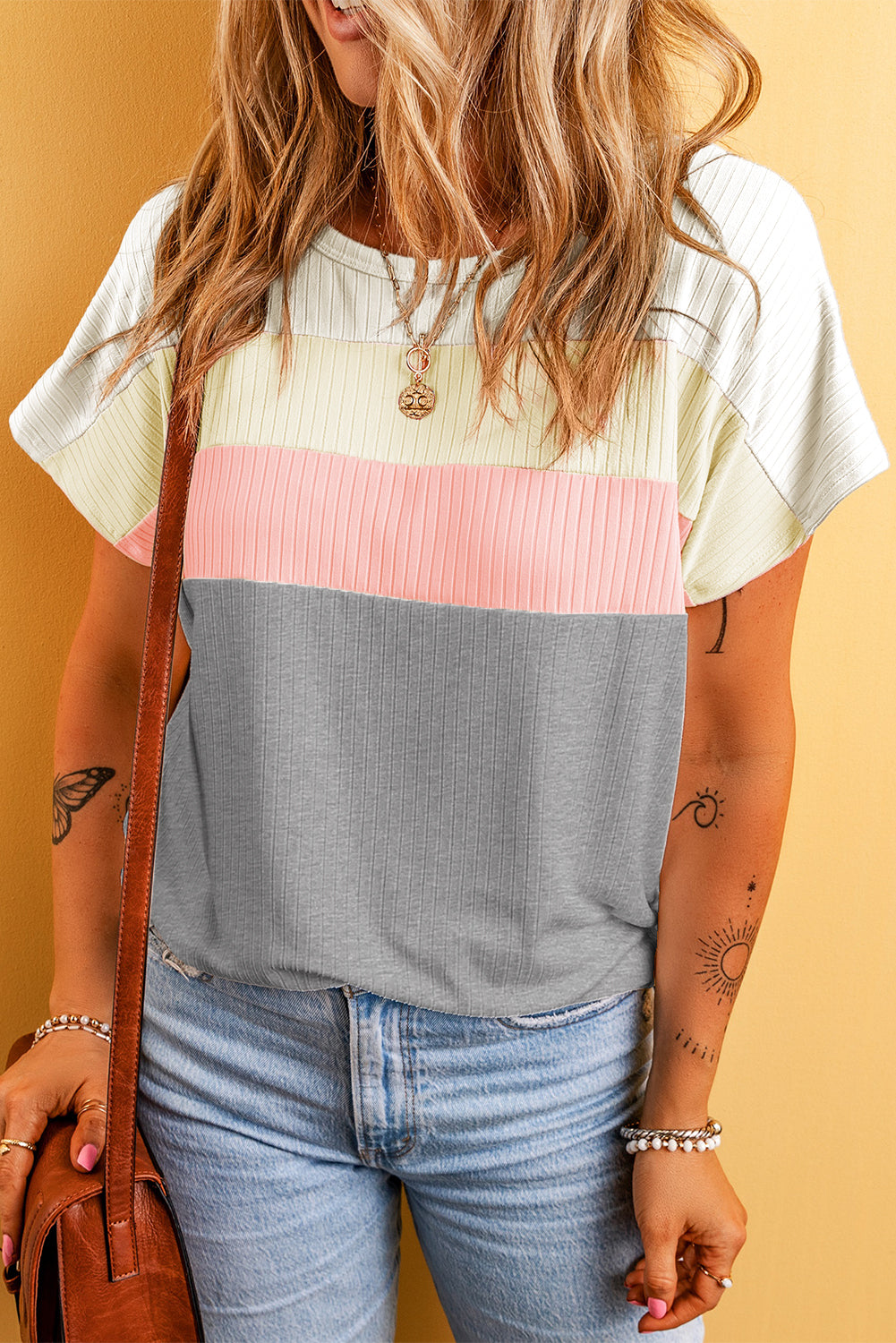 White Ribbed Color Block Patchwork T shirt