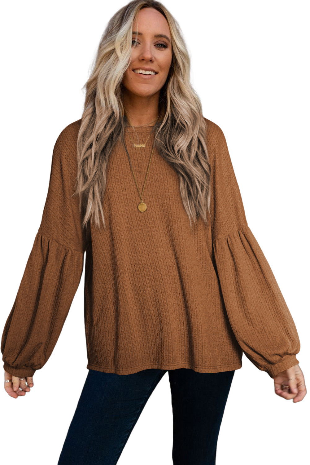 Ruby Solid Color Textured Lantern Sleeve Top