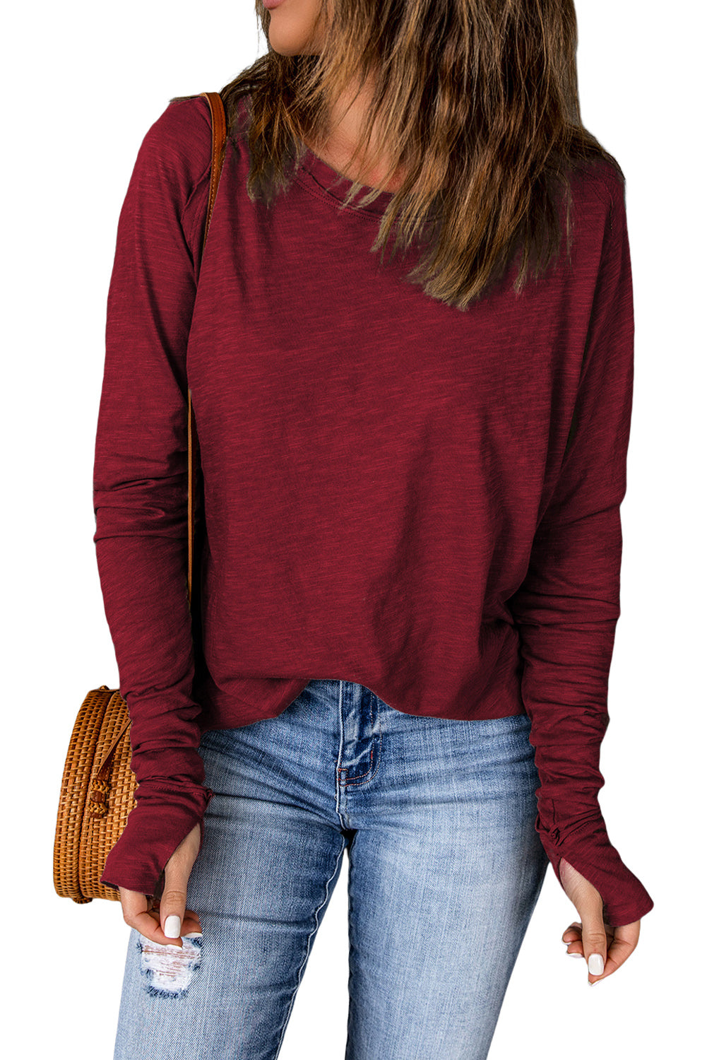 Dark Red Plain Thumbhole Long Sleeve Top