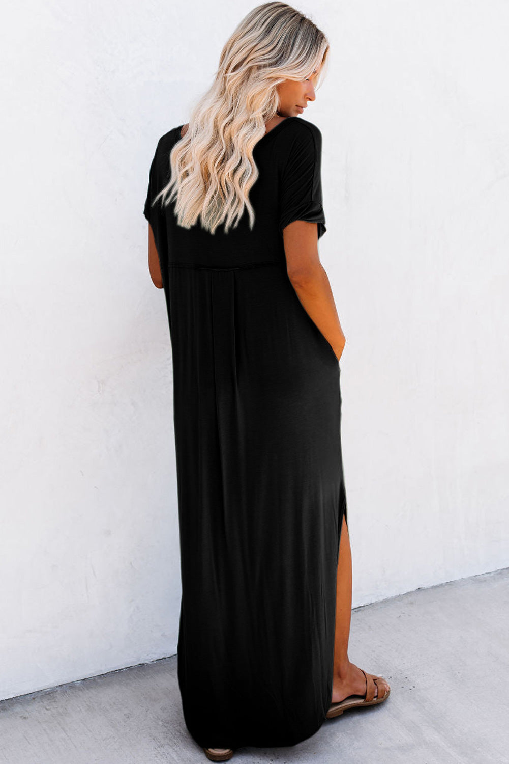 Grass Green Solid Color Hidden Pocket V Neck Slit Maxi Dress