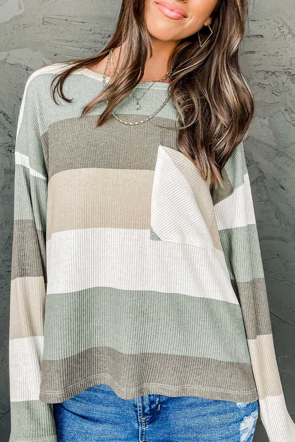 Green Color Block Casual Pocket Long Sleeve Top