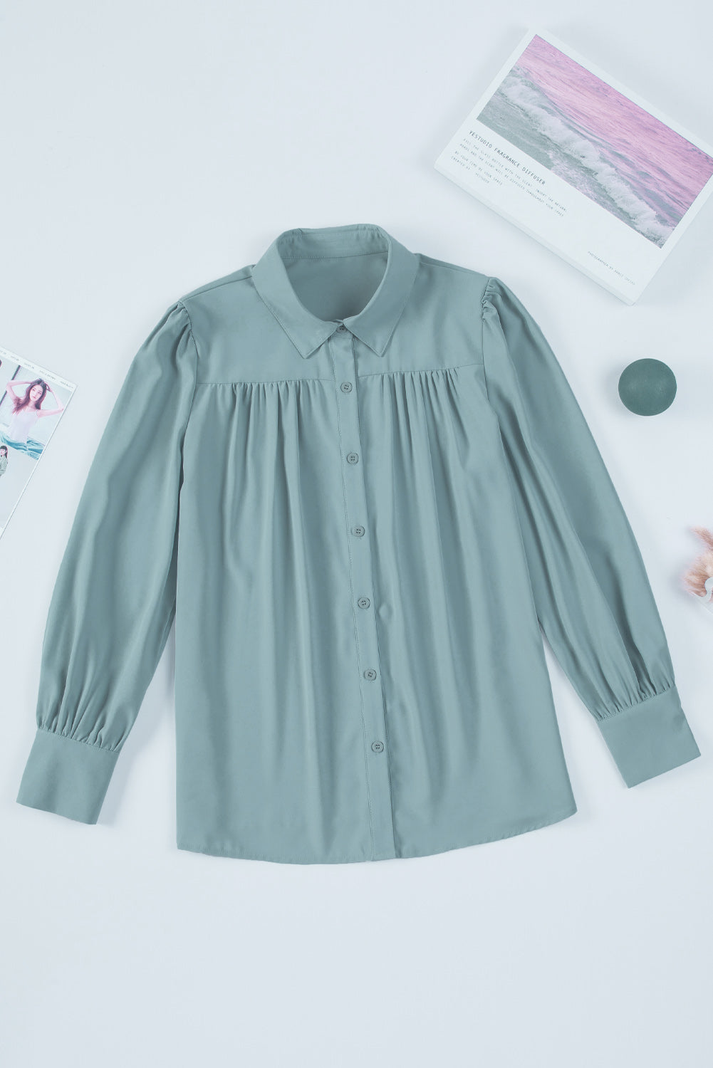 Light Blue Solid Color Button Up Puff Sleeve Casual Pleated Shirt