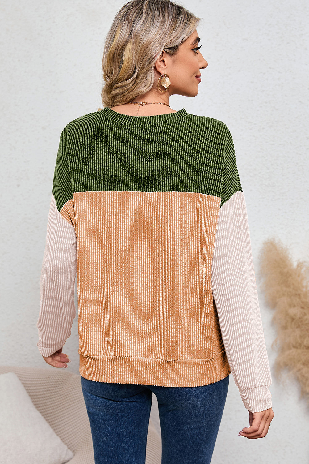 Dark Green Color Block Cording Loose Long Sleeve Top