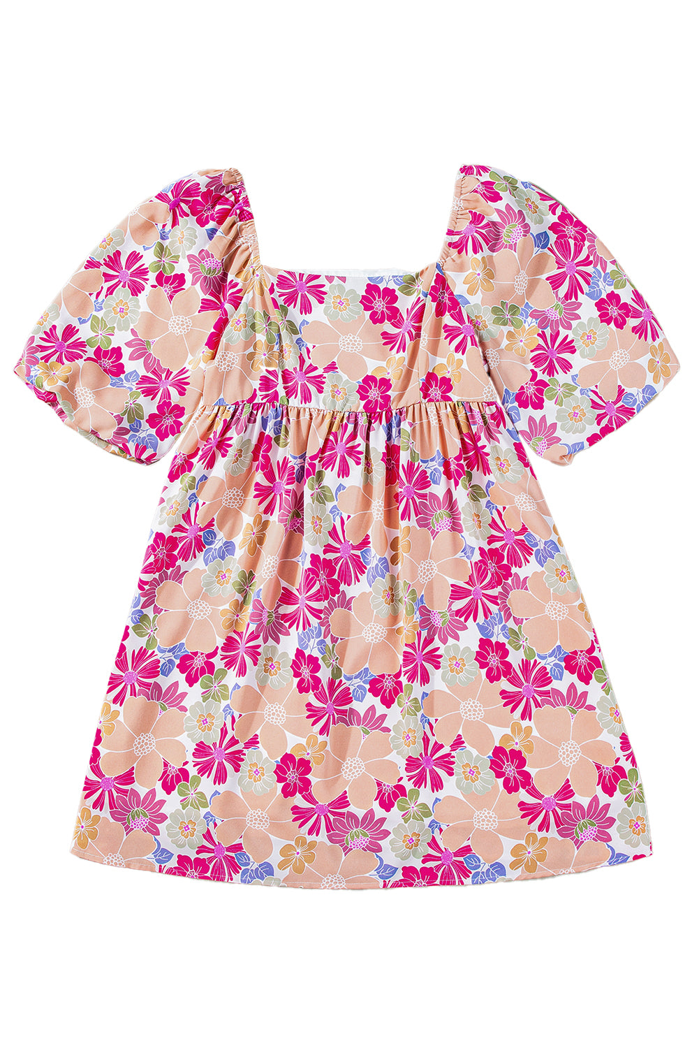 Pink Summer Floral Square Neck Puff Sleeve Babydoll Dress