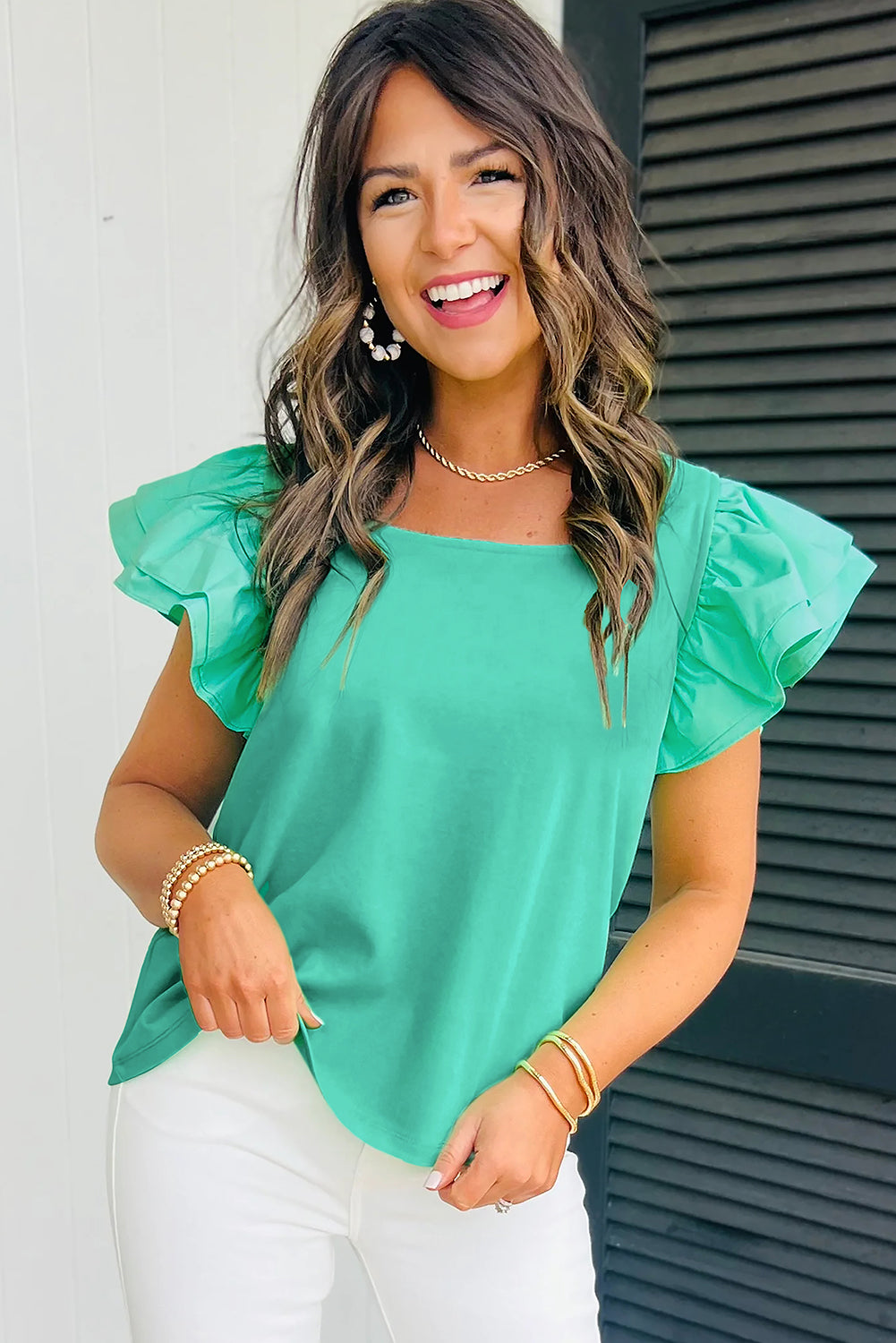 Mint Green Ruffle Flutter Sleeve Square Neck Top