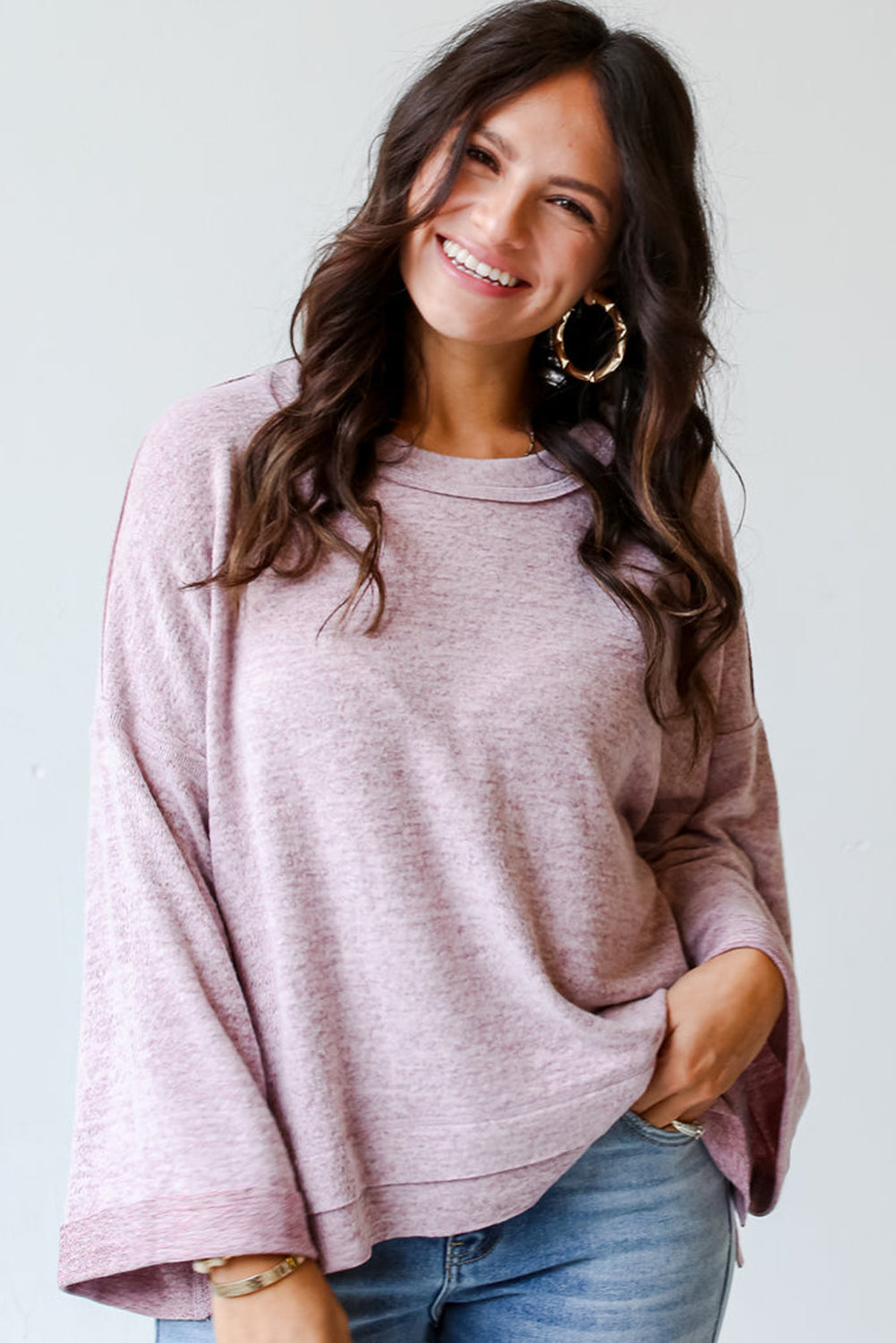 Orchid Petal Exposed Seam Drop Shoulder Long Sleeve Top