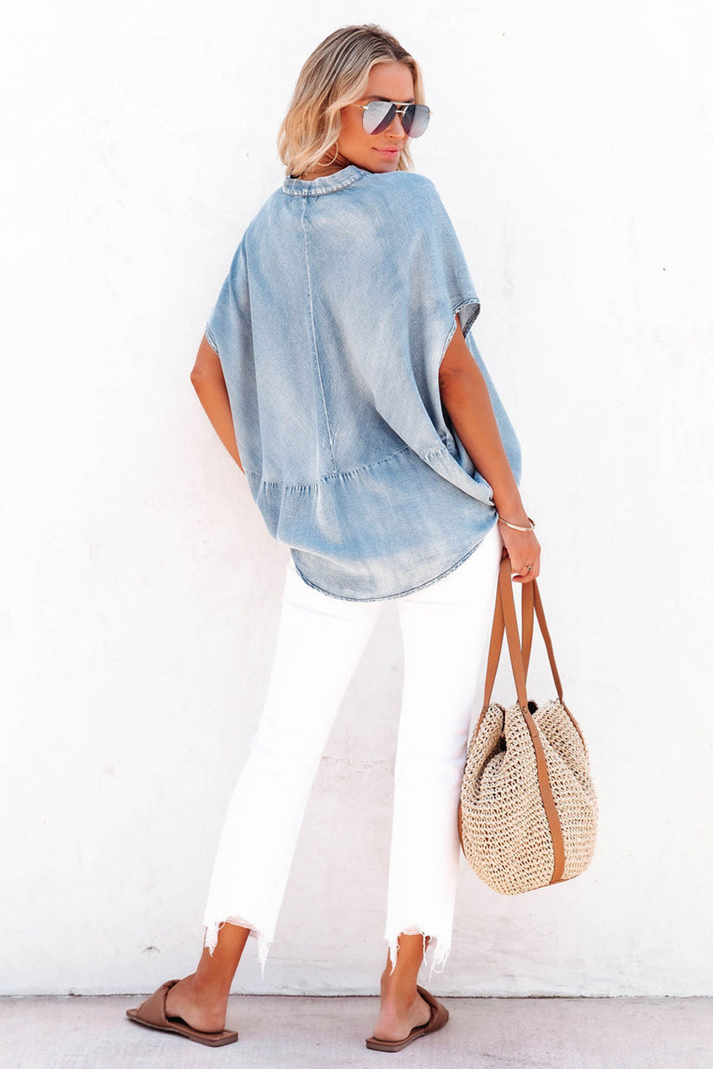 Wholesale Sky Blue Split V Neck Loose Denim Blouse