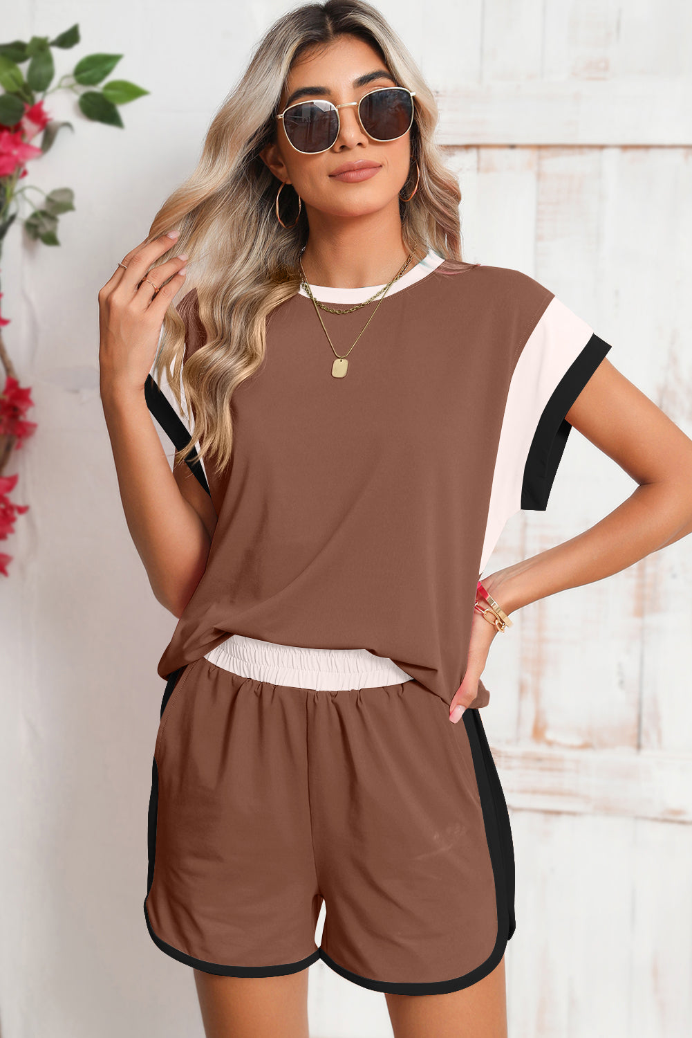 Peach Blossom Color Block Loose Fit Top & Elastic Waist Shorts Set