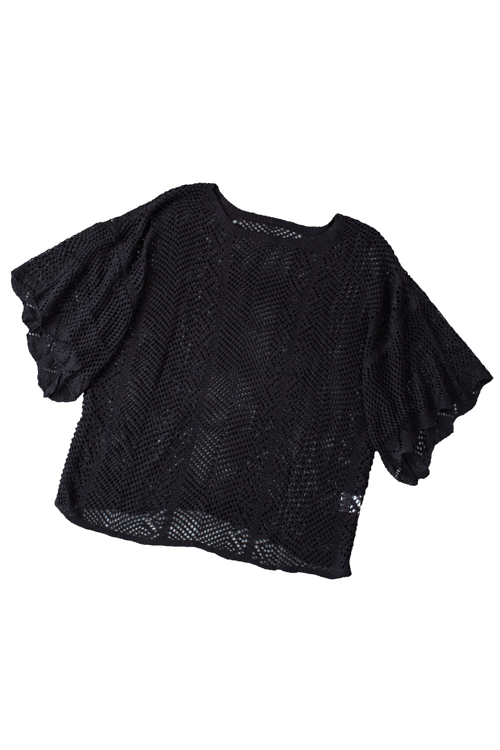 Black Pointelle Knit Scallop Edge Short Sleeve Blouse