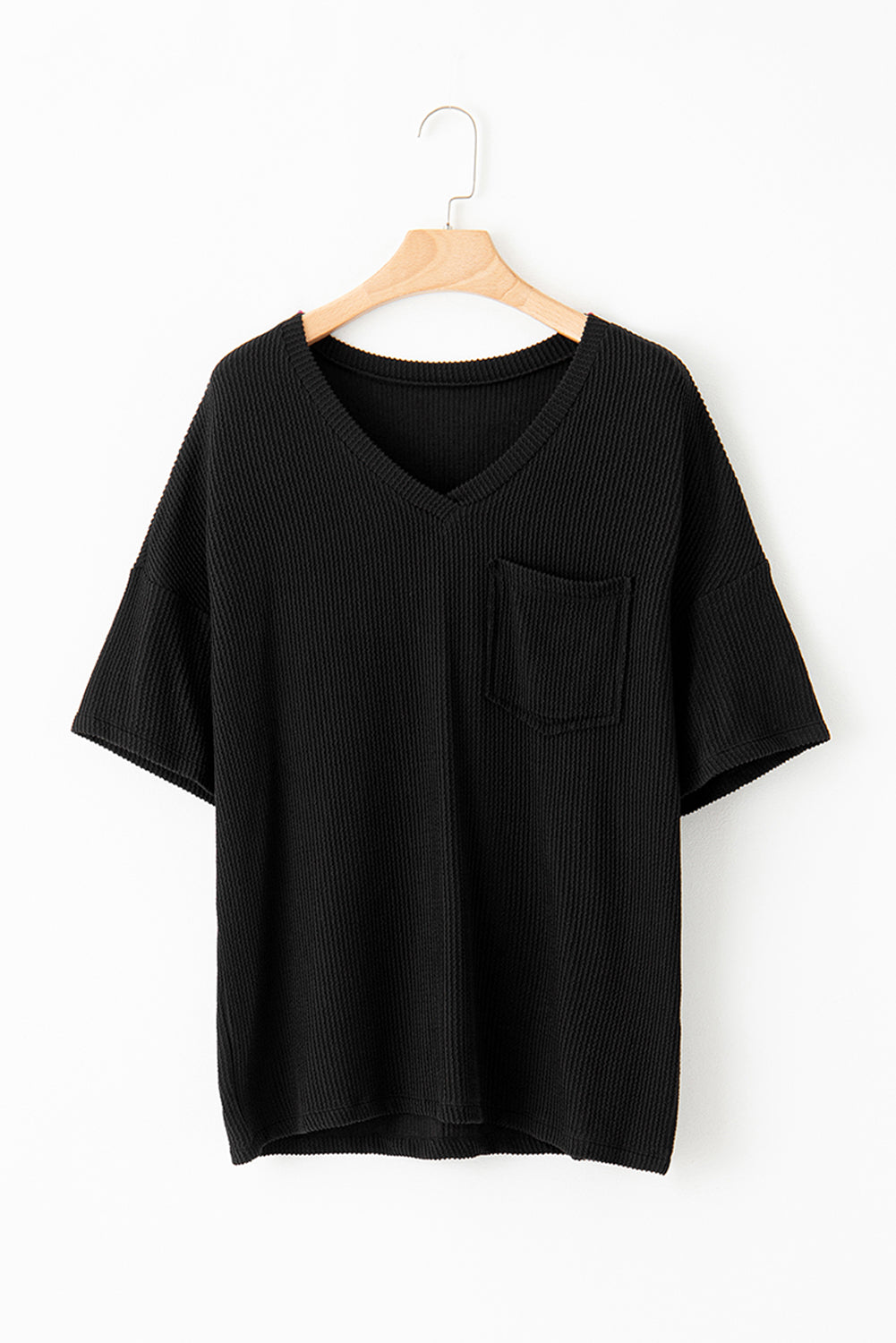 Valerian Ribbed V Neck Pocket Drop Sleeve T-Shirt