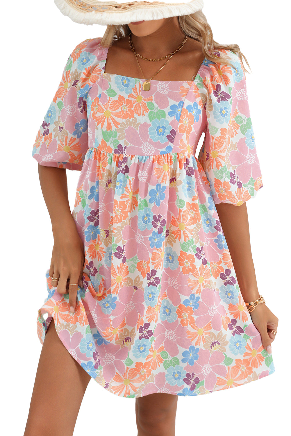 Pink Summer Floral Square Neck Puff Sleeve Babydoll Dress