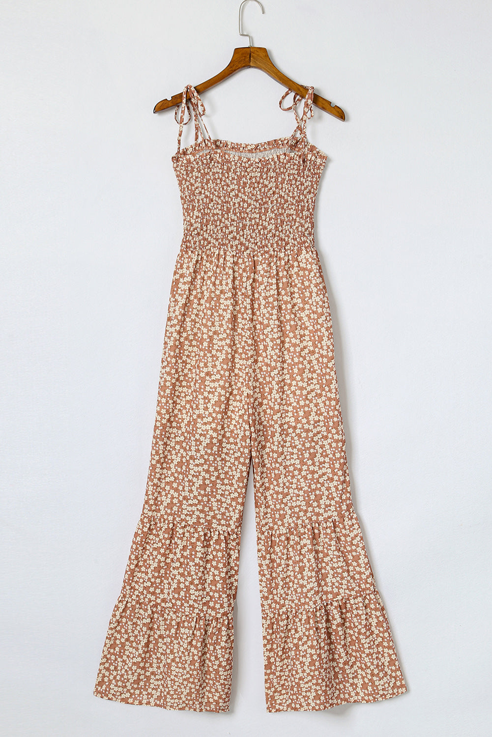 Dusk Blue Floral Print Spaghetti Straps Smocked Wide Leg Jumpsuit