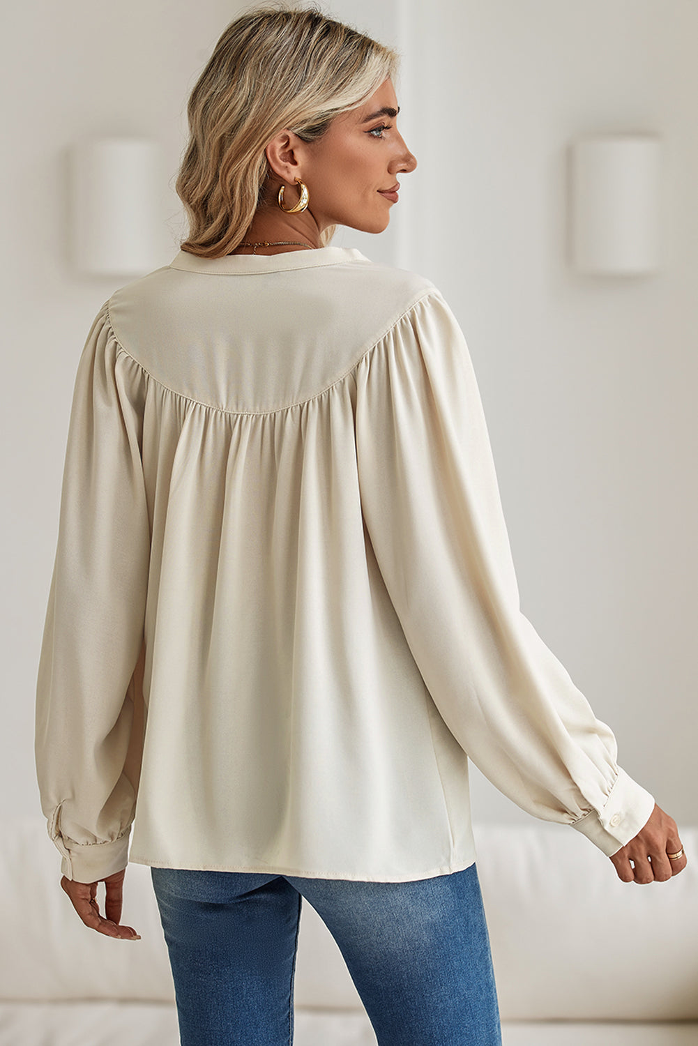 White Solid Color Lantern Sleeve Notched V Neck Blouse