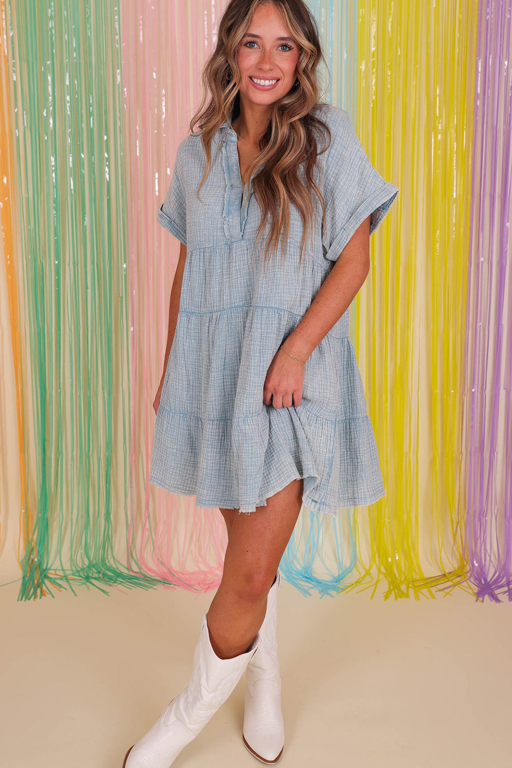 Wholesale Beau Blue Mineral Wash Crinkle Split Neck Raw Hem Tiered Dress