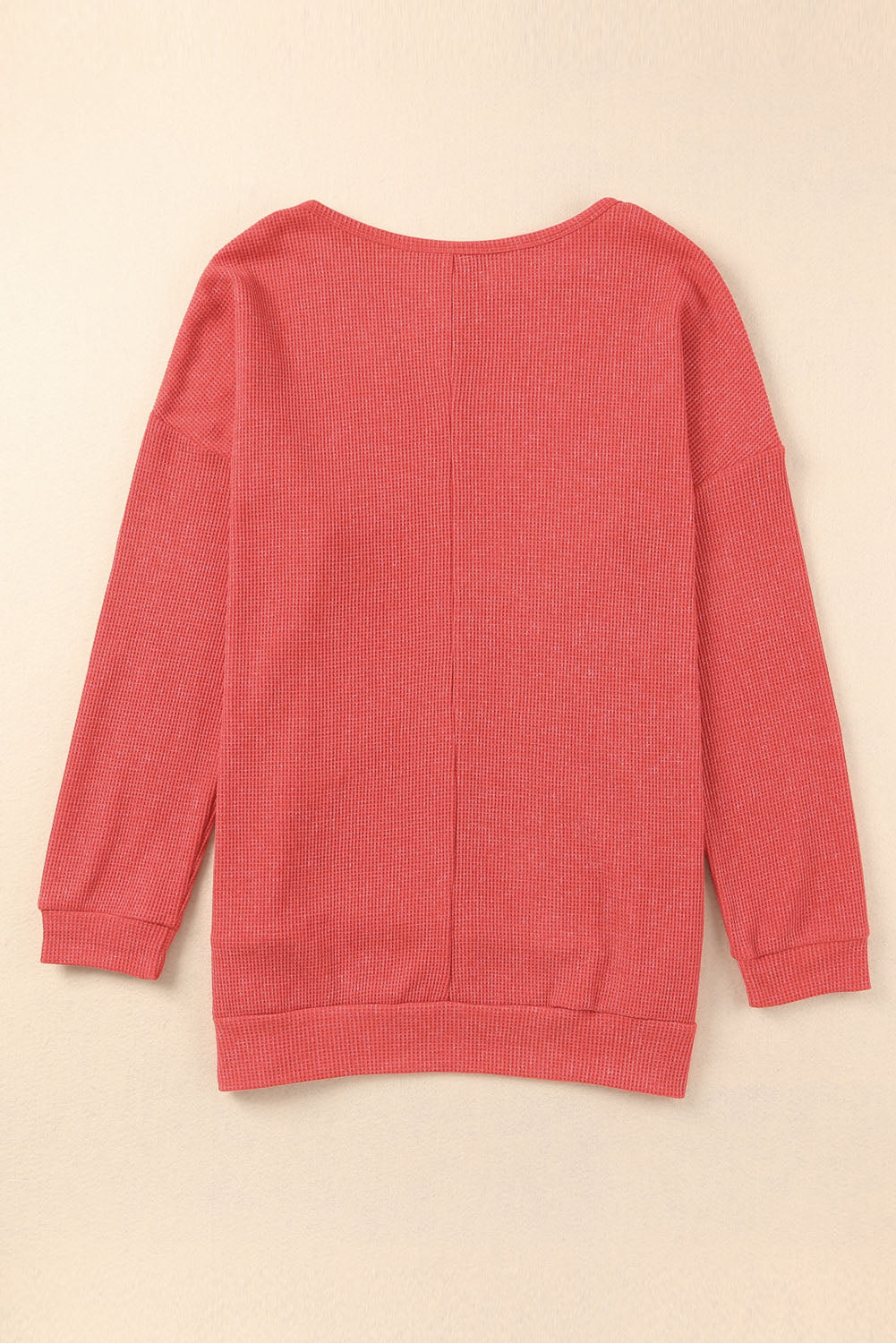 Red Waffle Knit Side Slit Pullover Long Sleeve Top