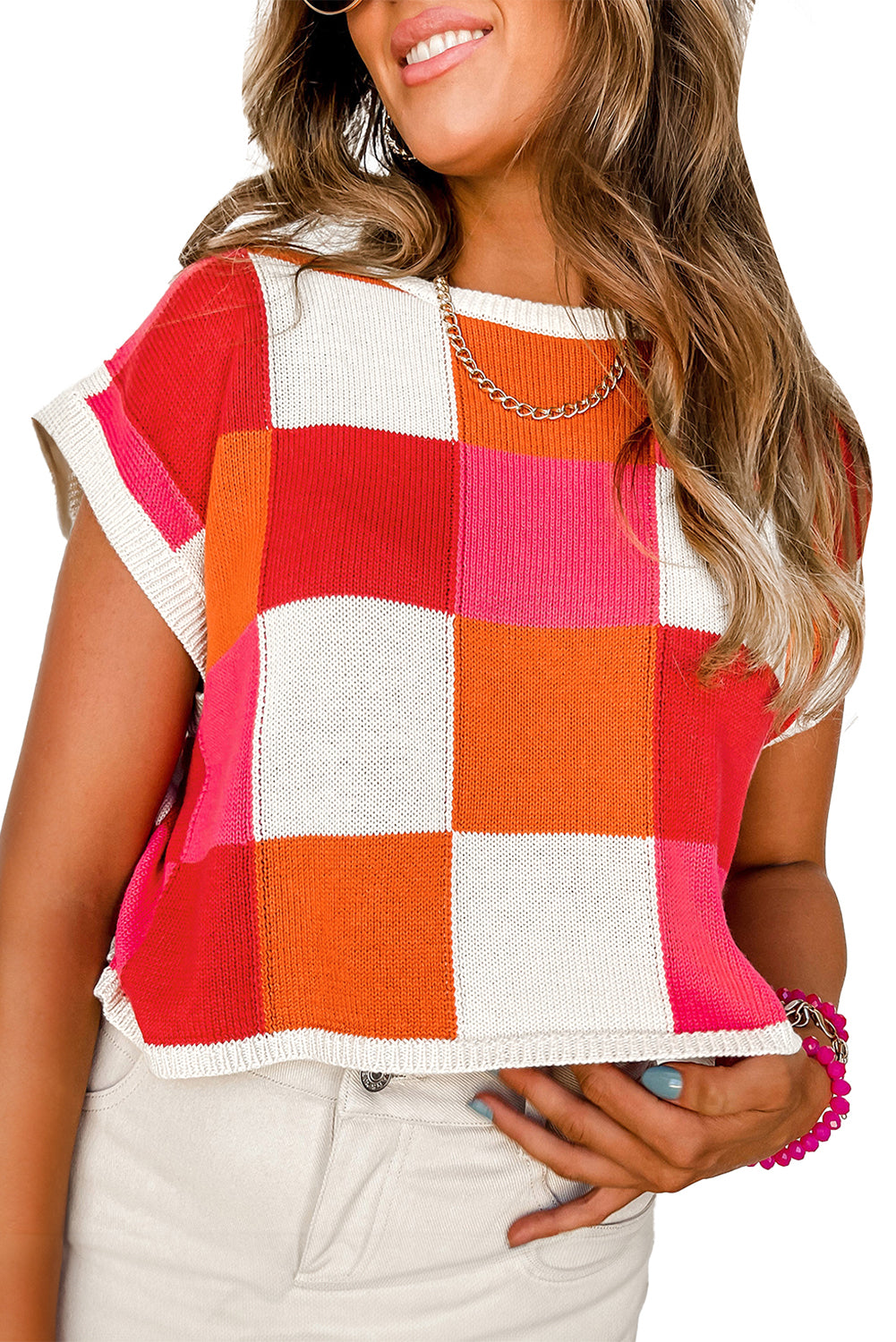 Grapefruit Orange Checkered Color Block Cap Sleeve Knitted Top