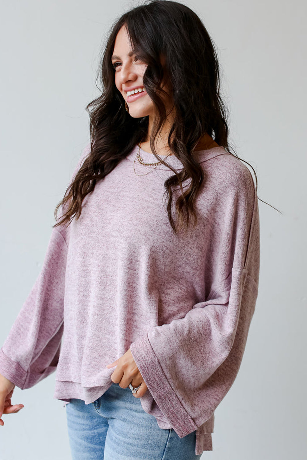 Orchid Petal Exposed Seam Drop Shoulder Long Sleeve Top