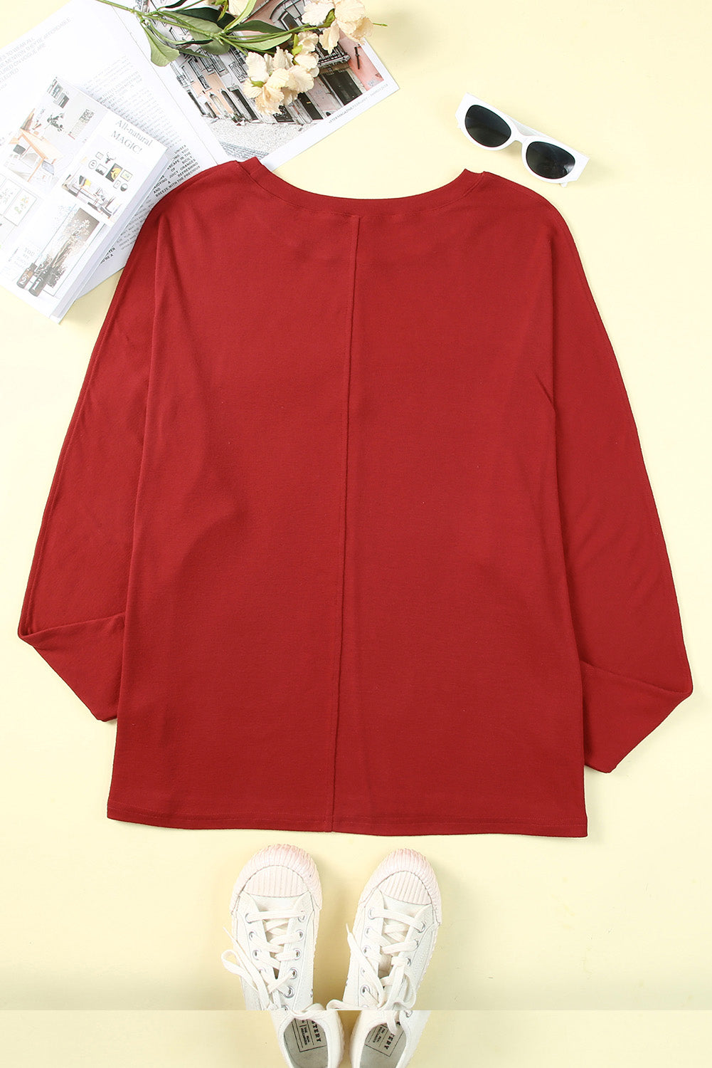 Red Solid Color Exposed Seam Long Sleeve Top