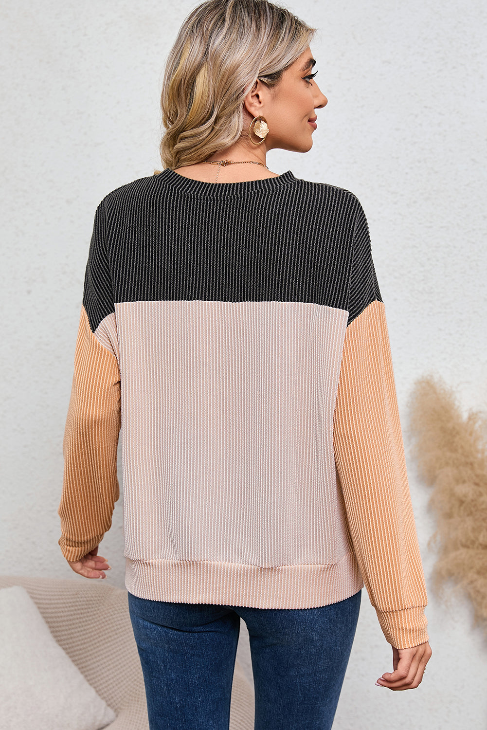 Dark Green Color Block Cording Loose Long Sleeve Top