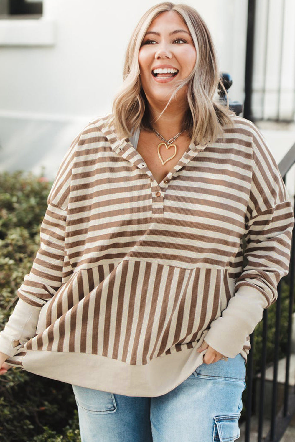 Brown Stripe Drop Sleeve Plus Size Henley Hoodie