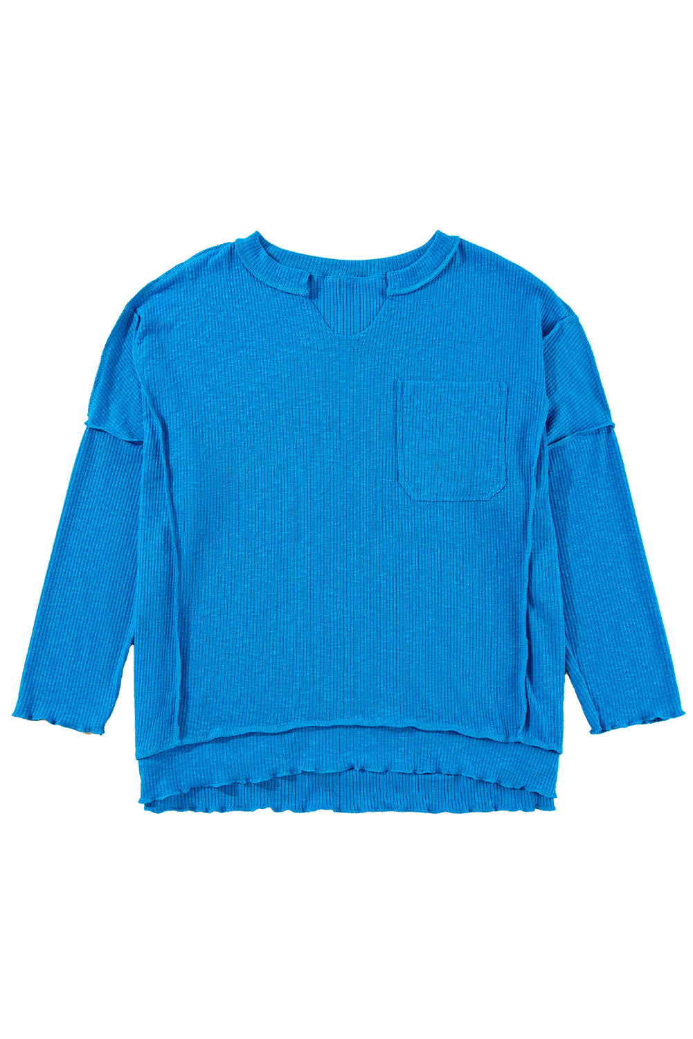 Blue V-Neck Pocketed Ribbed Dolman Top