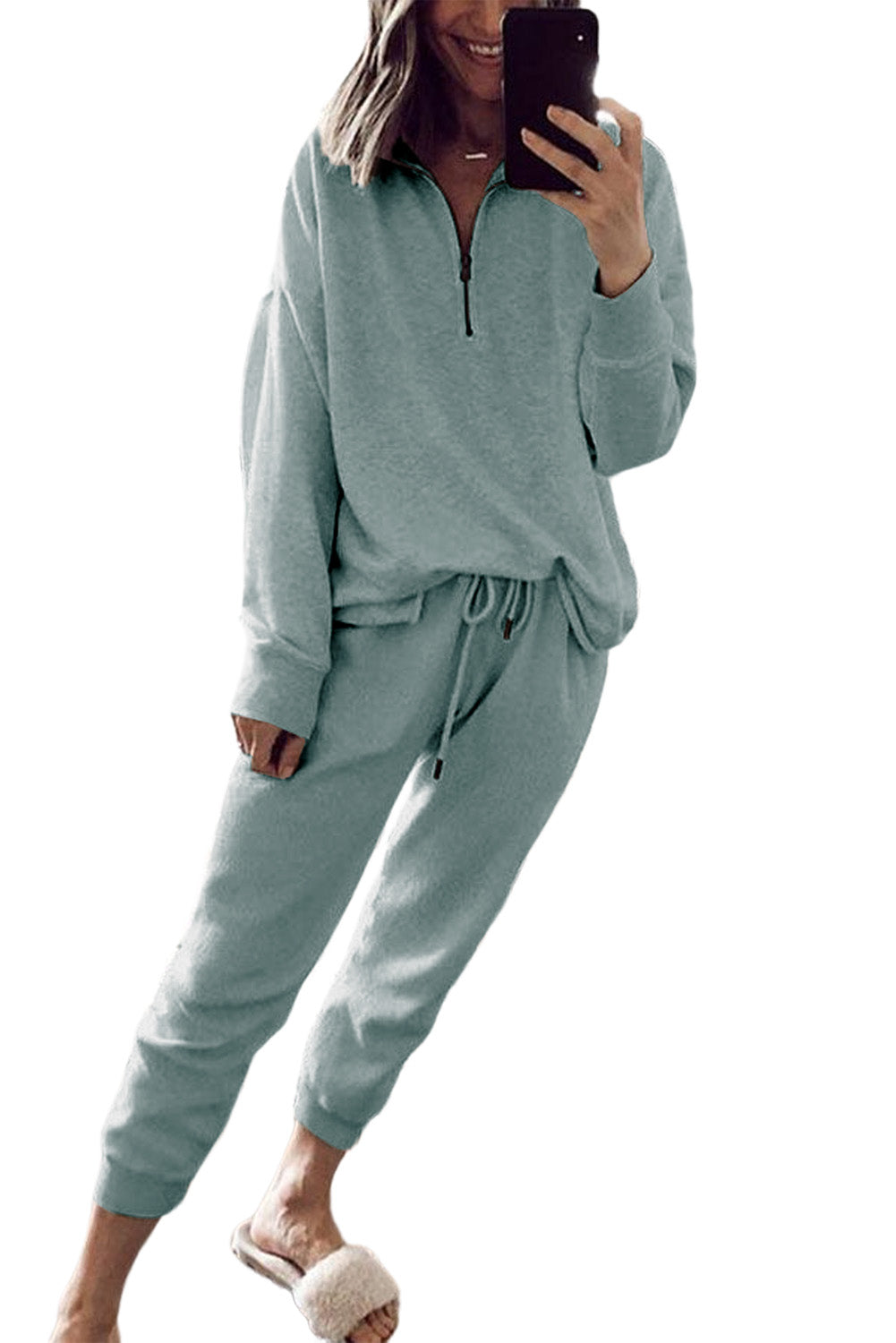 Blue Solid Color Half Zipped Top and Drawstring Pants Loungewear Set