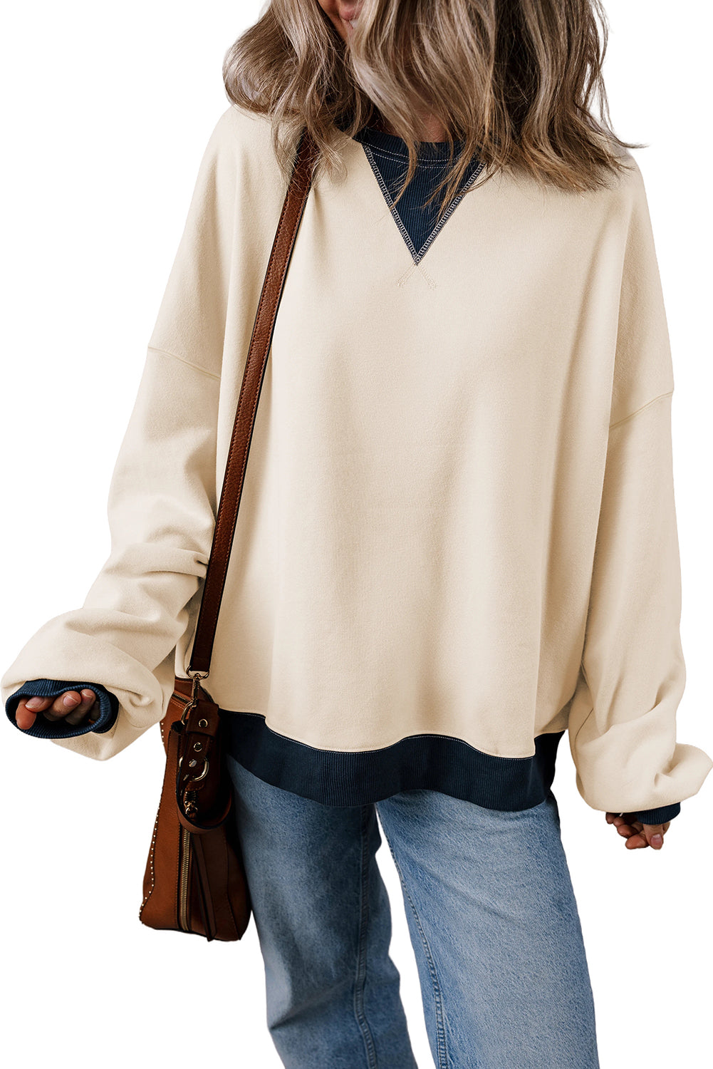 White Color Block Drop Shoulder Crewneck Oversized Sweatshirt