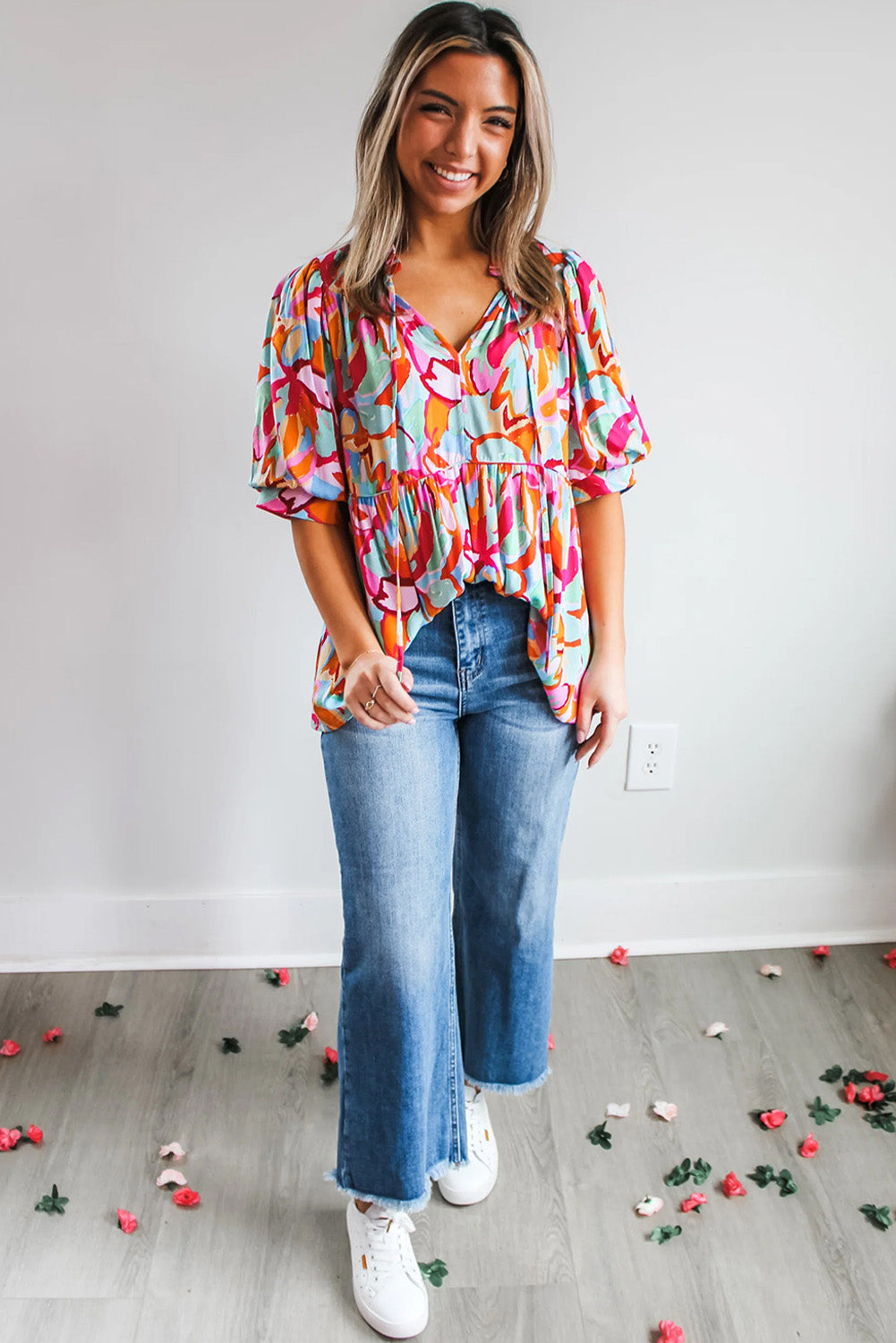 Rose Red Abstract Print V Neck Puff Sleeve Blouse