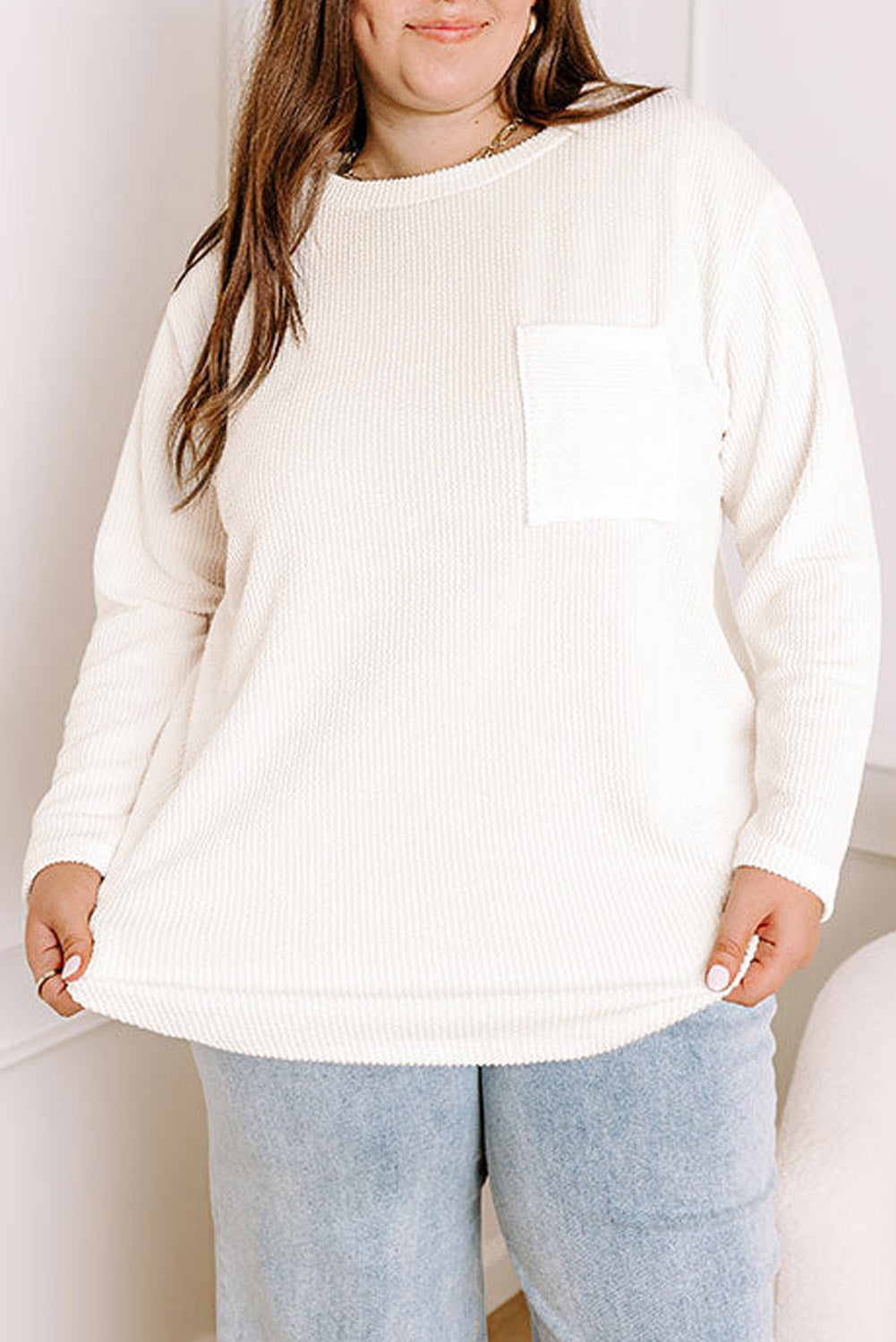 White Plus Size Ribbed Textured Pocketed Long Sleeve Top