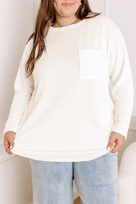 White Plus Size Ribbed Textured Pocketed Long Sleeve Top