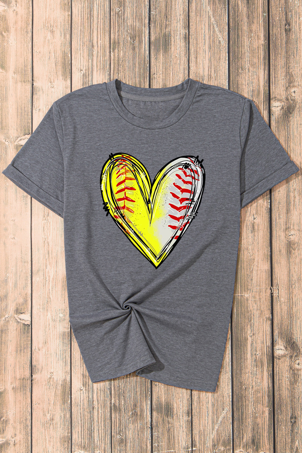 Gray Baseball Heart Shape Graphic Crew Neck T Shirt