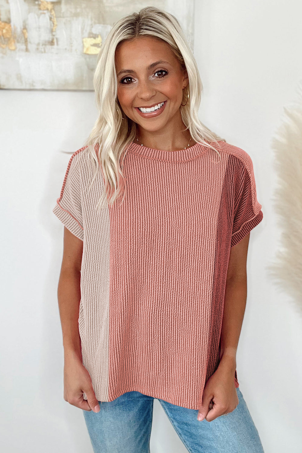 Apricot Pink Colorblock Ribbed Round Neck T Shirt