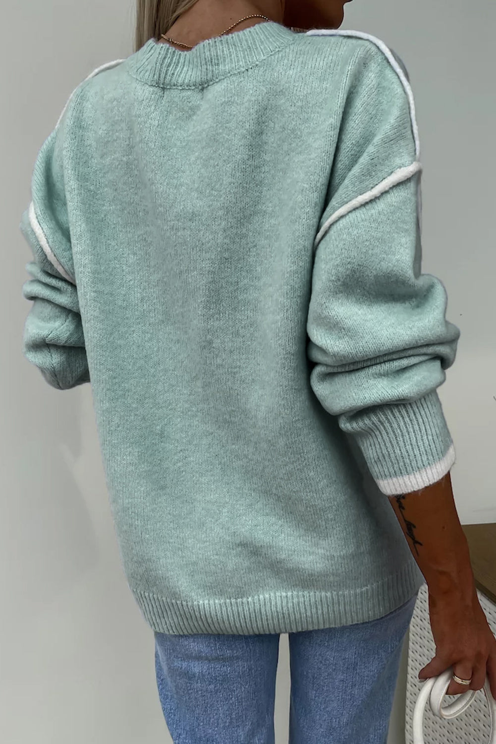 Moonlight Jade Contrast Edge Crewneck Knit Sweater