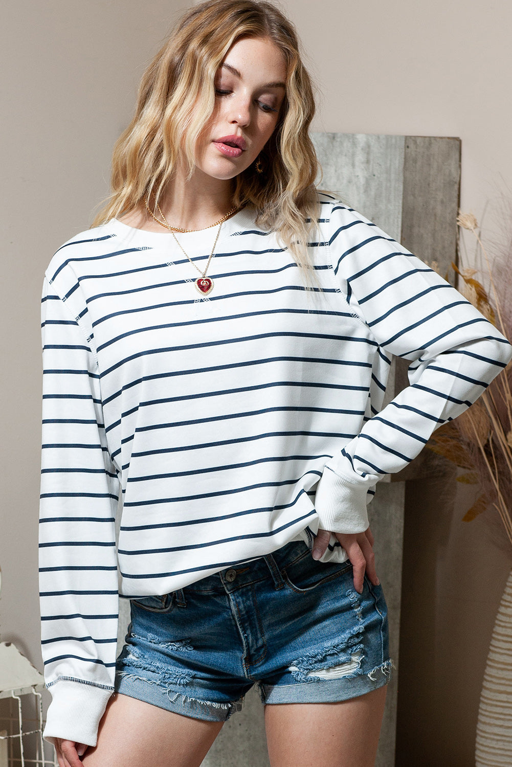 Striped Print Casual Long Sleeve Pullover Top