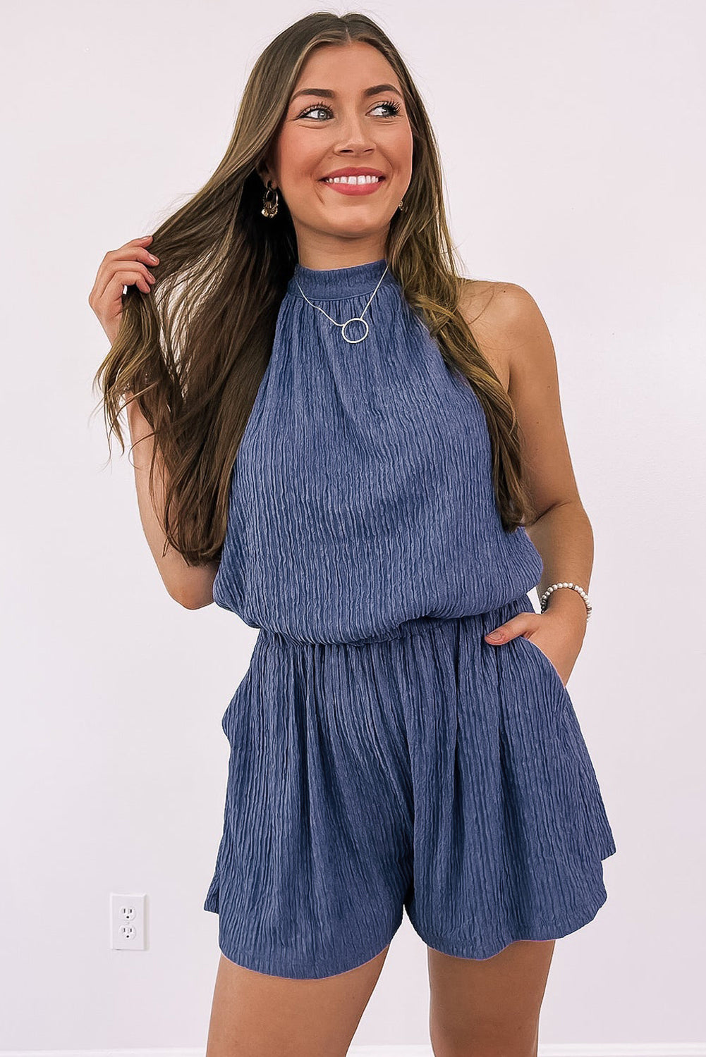 Bluing Knot Back Halter Crinkle Textured Romper