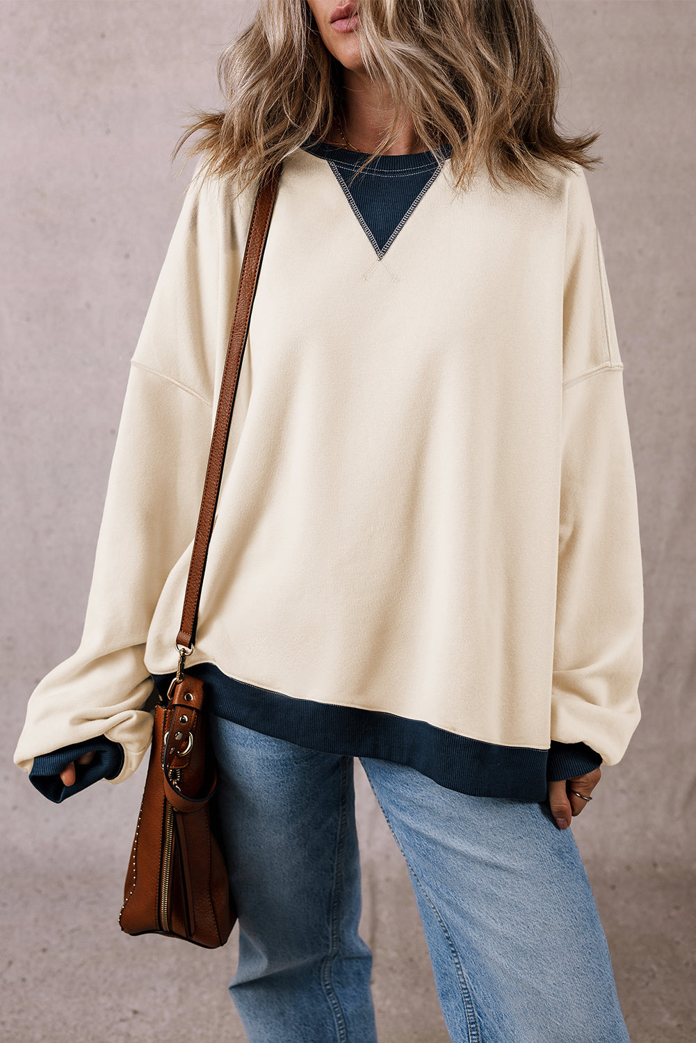 White Color Block Drop Shoulder Crewneck Oversized Sweatshirt