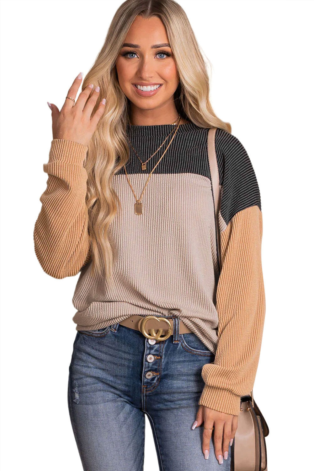 Dark Green Color Block Cording Loose Long Sleeve Top