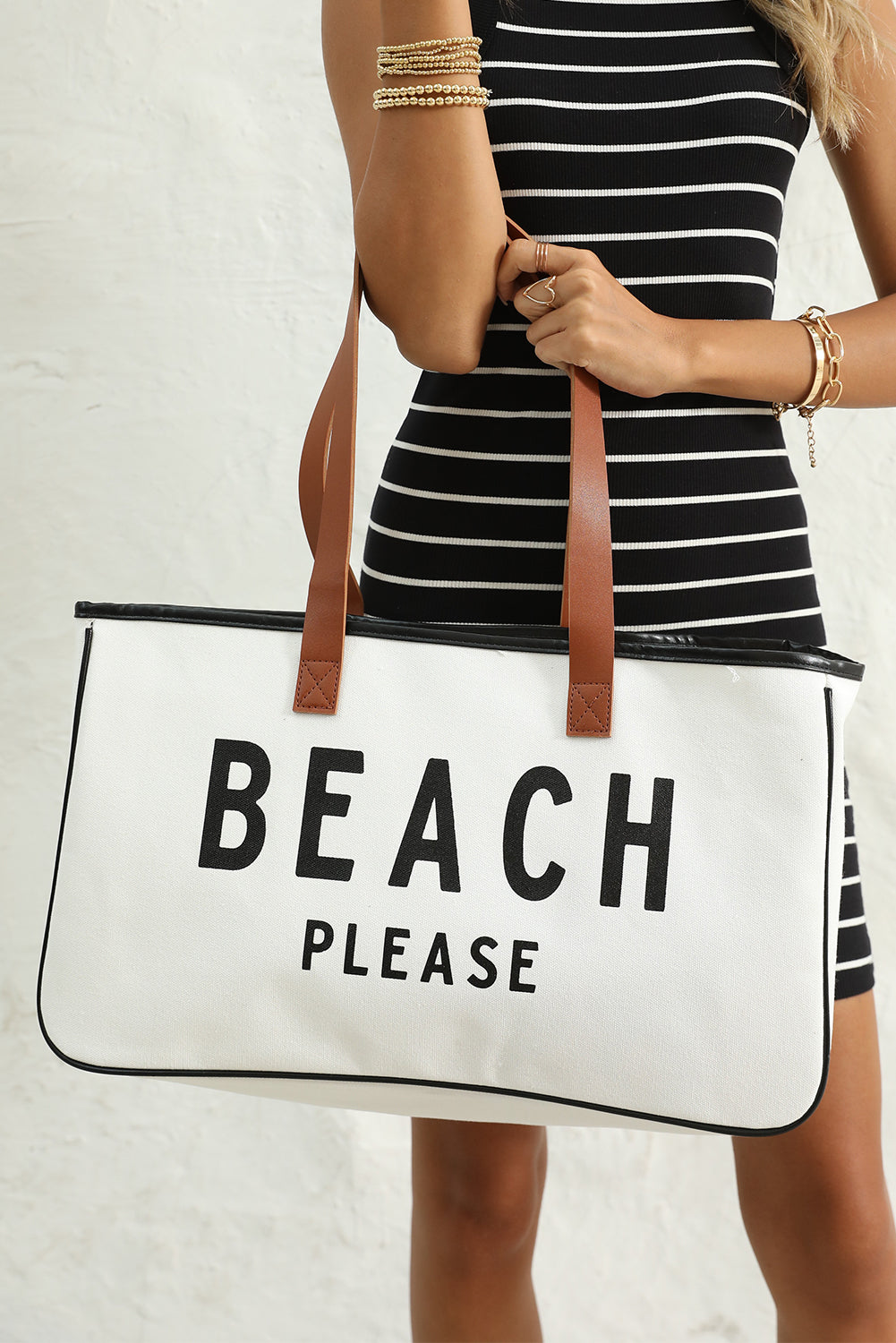 Bright White BEACH PLEASE Print Large Canvas Tote Bag