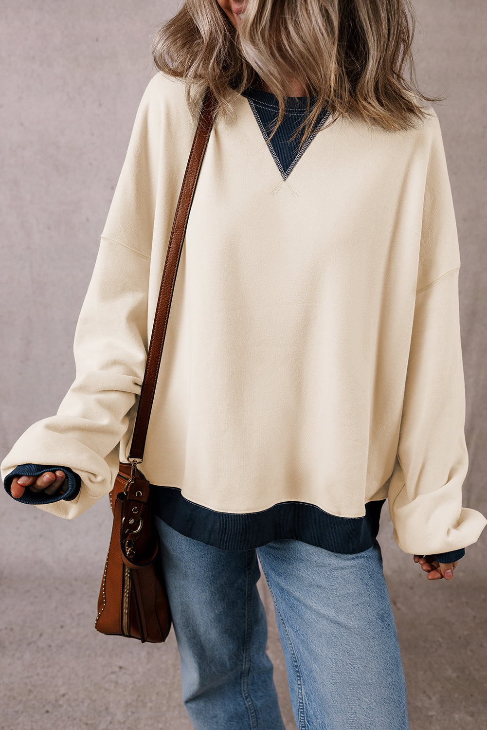 White Color Block Drop Shoulder Crewneck Oversized Sweatshirt